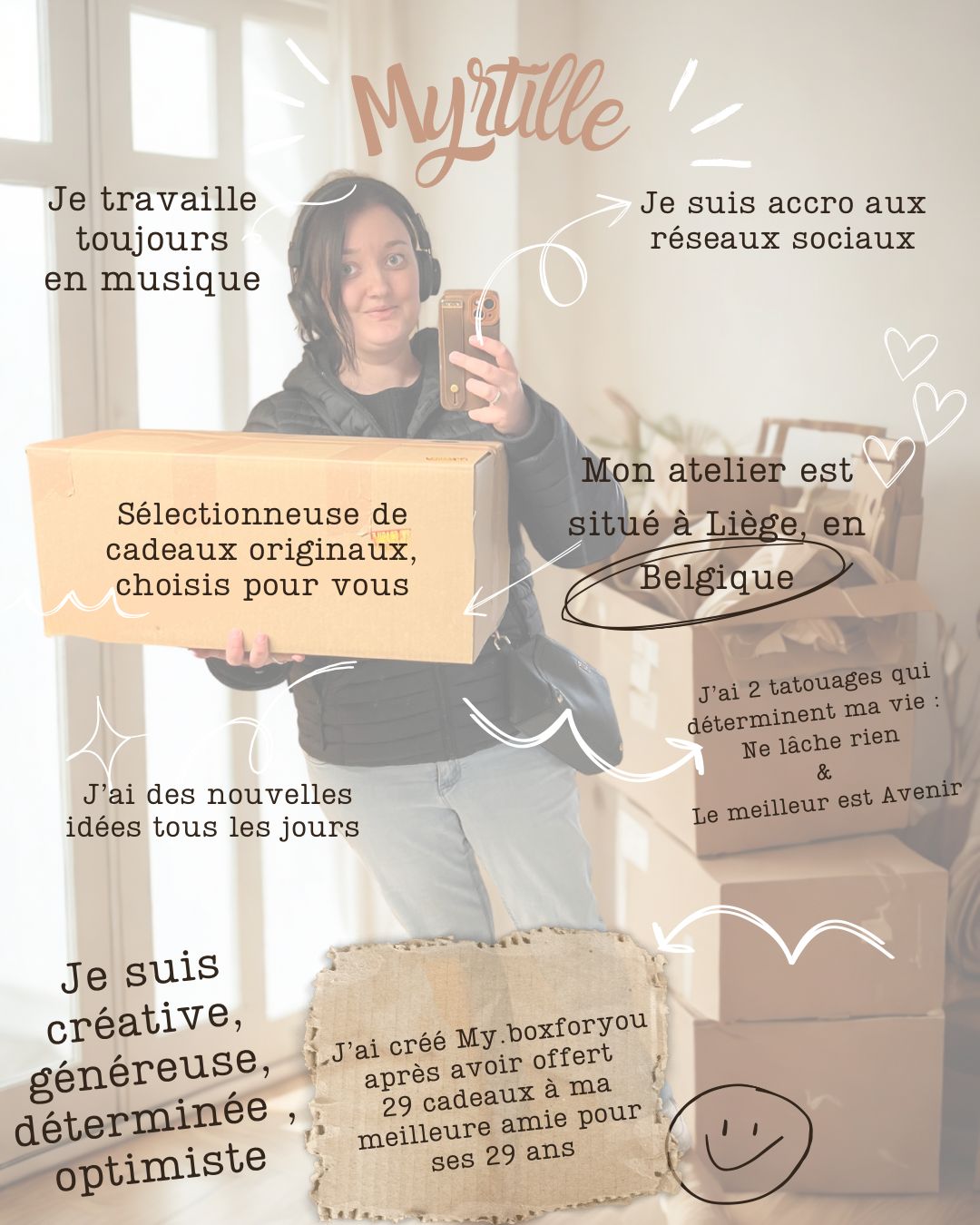 Photo de Myrtille avec texte de présentation : sélectionneuse de cadeaux originaux à Liège, créative et déterminée.
